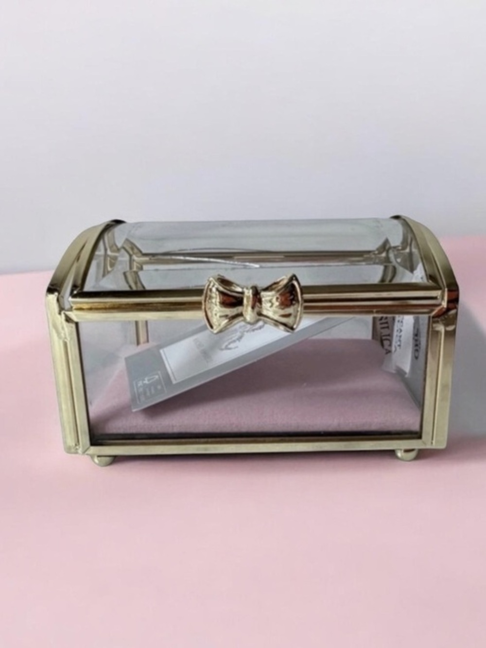 Gold trim and Glass Jewelry Box vintage style pink cushion